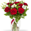 bouquet di rose rosse e lisianthus bianchi