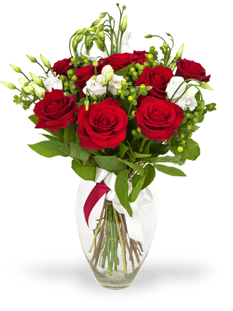 bouquet di rose rosse e lisianthus bianchi