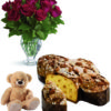 12 rose con colomba e peluche