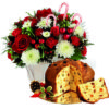 Cesto con rose rosse fiori misti e panettone